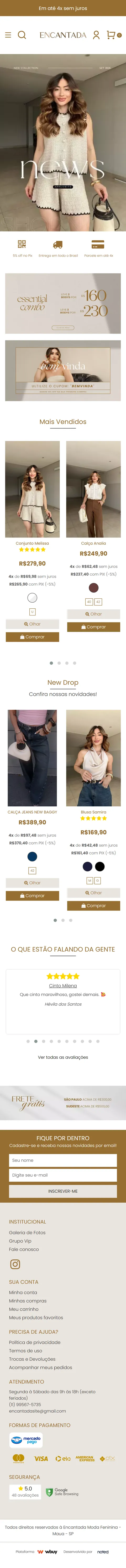 Página inicial do site da Encantada no celular